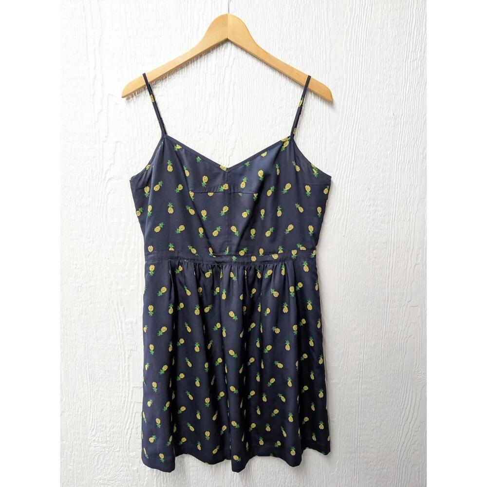 J Crew Navy Blue Pineapple Print Dress Summer Travel Beach Resort Hawaii Size 12